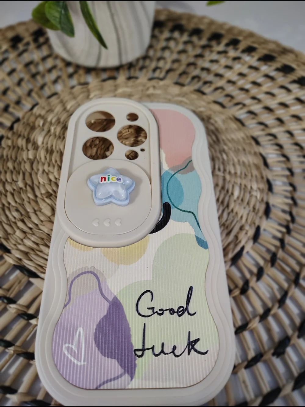 Slim Protective IPhone 15 Pro Case with Decorative Pop Socket - Beige & Pastel